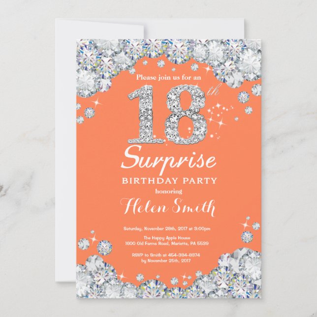 Surprise 18th Birthday Coral Silver Diamond Invitation (Front)