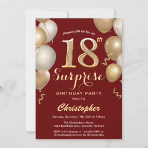 Surprise 18th Birthday Dark Red and Gold Balloons Invitation