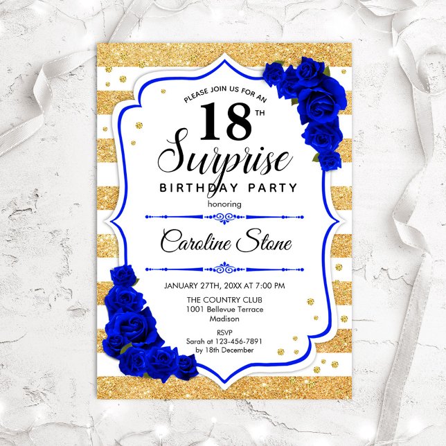 Surprise 18th Birthday - Gold White Royal Blue Invitation (Creator Uploaded)