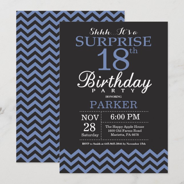 Surprise 18th Birthday Invitation Black and Blue (Front/Back)