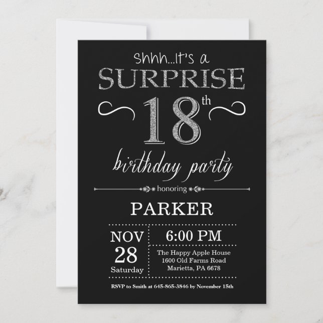 Surprise 18th Birthday Invitation Black and Silver (Front)