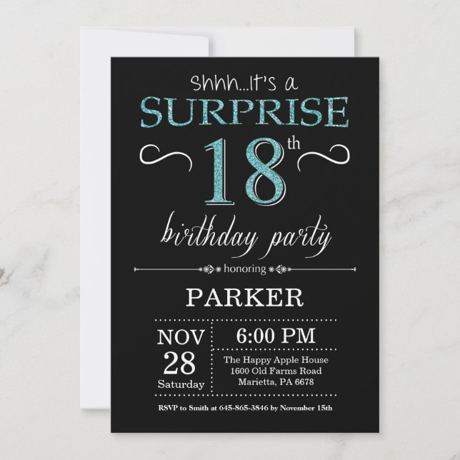 Surprise 18th Birthday Invitation Black and Teal (Front)