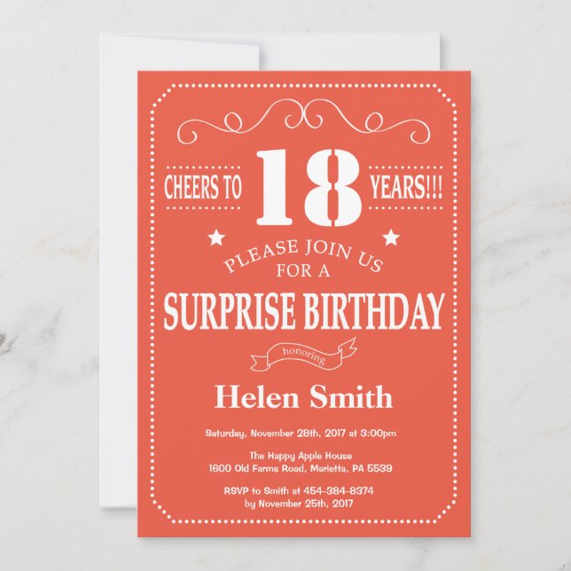 Surprise 18th Birthday Invitation Orange and White (Front)