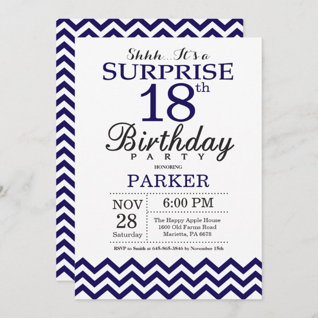 Surprise 18th Birthday Navy Blue Chevron Invitation (Front/Back)