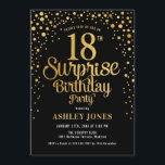 Surprise 18th Birthday Party - Black & Gold Invitation<br><div class="desc">Surprise 18th Birthday Party Invitation.
Elegant design in black and faux glitter gold. Features stylish script font and confetti. Message me if you need custom age.</div>