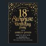 Surprise 18th Birthday Party - Black & Gold Invitation<br><div class="desc">Surprise 18th Birthday Party Invitation.
Elegant design in black and faux glitter gold. Features stylish script font and confetti. Message me if you need custom age.</div>