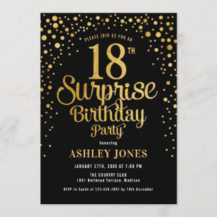 Surprise 18th Birthday Party - Black & Gold Invitation