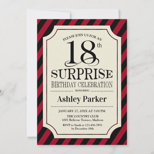 Surprise 18th Birthday Party - Black Red Stripes Invitation (Front)