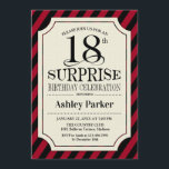 Surprise 18th Birthday Party - Black Red Stripes Invitation<br><div class="desc">Surprise 18th Birthday Celebration Invitation.
Elegant classy design with black red stripes and burlap pattern. Features elegant black script font. Message me if you need further customization.</div>