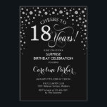 Surprise 18th Birthday Party - Black Silver Invitation<br><div class="desc">Surprise 18th Birthday Party Invitation.
Elegant design in black and faux glitter silver. Features script font and diamonds confetti. Cheers to 18 Years! Message me if you need further customization.</div>