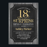 Surprise 18th Birthday Party - Chalkboard Gold Invitation<br><div class="desc">Rustic Surprise 18th Birthday Celebration Invitation.
Elegant classy design in black,  faux glitter gold and gray wood pattern. Features elegant script font. Message me if you need further customization</div>