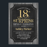 Surprise 18th Birthday Party - Chalkboard Gold Invitation<br><div class="desc">Rustic Surprise 18th Birthday Celebration Invitation.
Elegant classy design in black,  faux glitter gold and gray wood pattern. Features elegant script font. Message me if you need further customization</div>