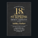 Surprise 18th Birthday Party - Gold Black Invitation<br><div class="desc">Rustic Surprise 18th Birthday Celebration Invitation.
Elegant classy design in black chalkboard and faux glitter gold pattern. Features elegant script font. Message me if you need further customization.</div>