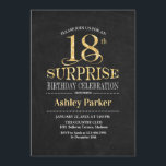 Surprise 18th Birthday Party - Gold Black Invitation<br><div class="desc">Rustic Surprise 18th Birthday Celebration Invitation.
Elegant classy design in black chalkboard and faux glitter gold pattern. Features elegant script font. Message me if you need further customization.</div>