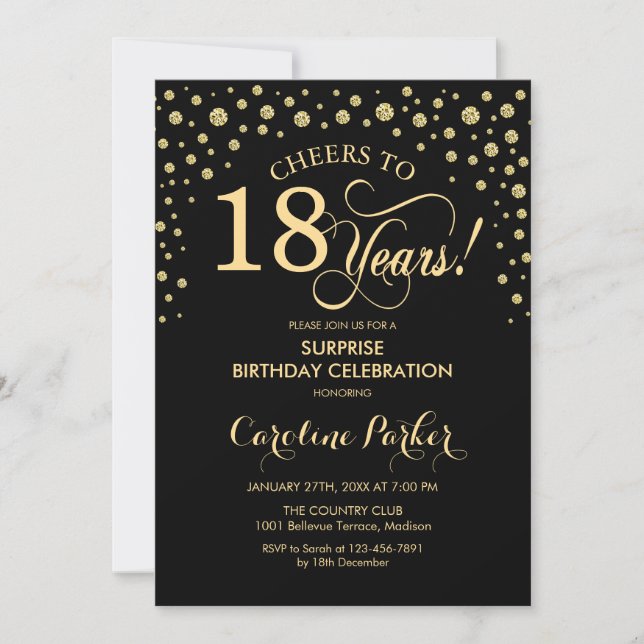 Surprise 18th Birthday Party - Gold Black Invitation (Front)