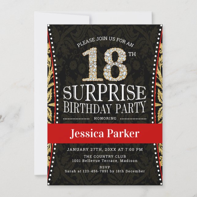 Surprise 18th Birthday Party - Gold Black Red Invitation (Front)