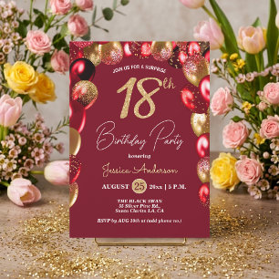 Surprise 18th Birthday Party Gold Burgundy Glitter Invitation