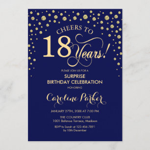 Surprise 18th Birthday Party - Navy Blue Gold Invitation