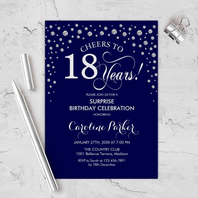 Surprise 18th Birthday Party - Navy Silver Invitation (Creator Uploaded)