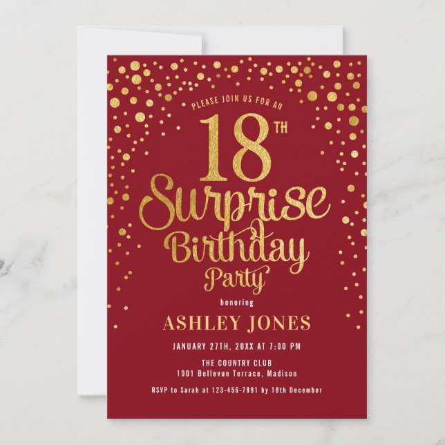 Surprise 18th Birthday Party - Red & Gold Invitation (Front)