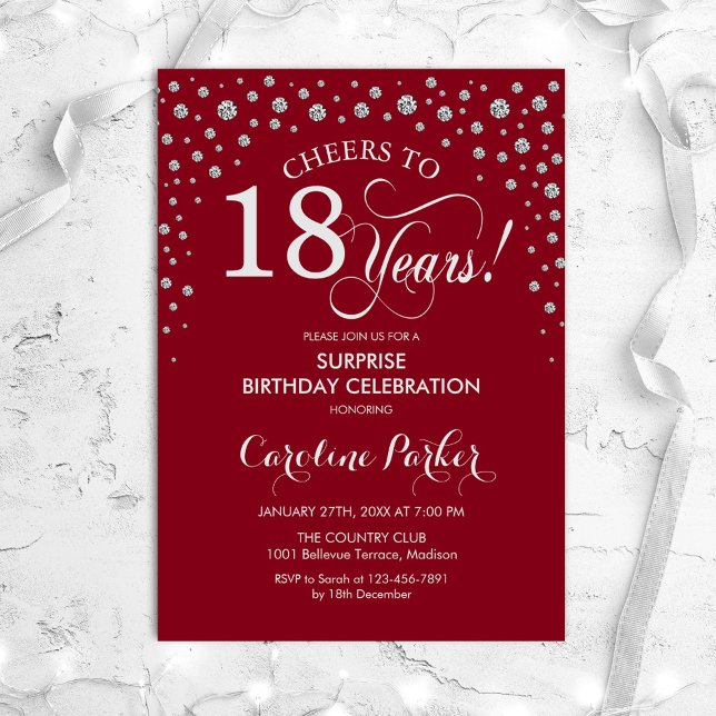 Surprise 18th Birthday Party - Red Silver Invitation (Creator Uploaded)