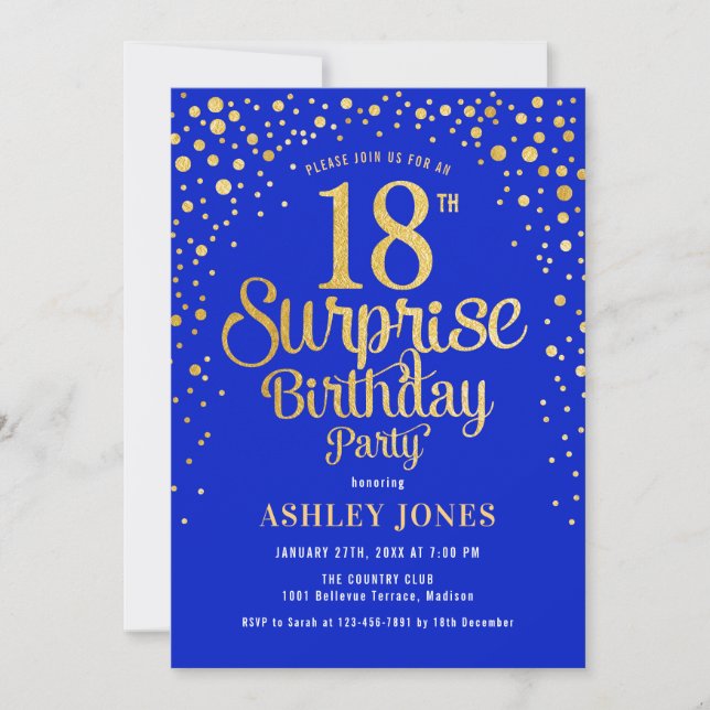 Surprise 18th Birthday Party - Royal Blue & Gold Invitation (Front)