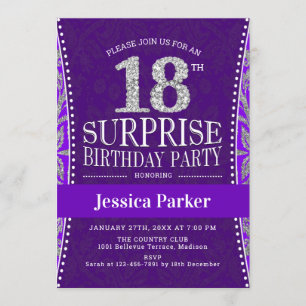 Surprise 18th Birthday Party - Silver Purple Invitation