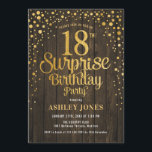 Surprise 18th Birthday Party - Wood & Gold Invitation<br><div class="desc">Surprise 18th Birthday Party Invitation.
Elegant rustic design with dark brown wooden pattern and faux glitter gold. Features stylish script font and confetti. Message me if you need custom age.</div>