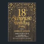 Surprise 18th Birthday Party - Wood & Gold Invitation<br><div class="desc">Surprise 18th Birthday Party Invitation.
Elegant rustic design with dark brown wooden pattern and faux glitter gold. Features stylish script font and confetti. Message me if you need custom age.</div>