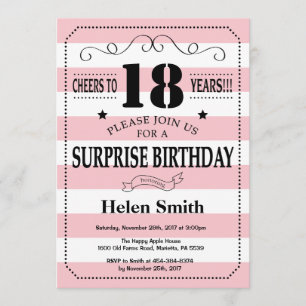 Surprise 18th Birthday Pink and White Stripes Invitation