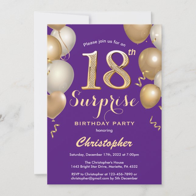 Surprise 18th Birthday Purple and Gold Balloons Invitation (Front)