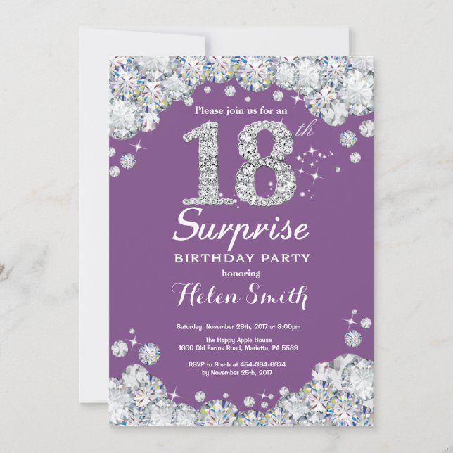 Surprise 18th Birthday Purple and Silver Diamond Invitation (Front)