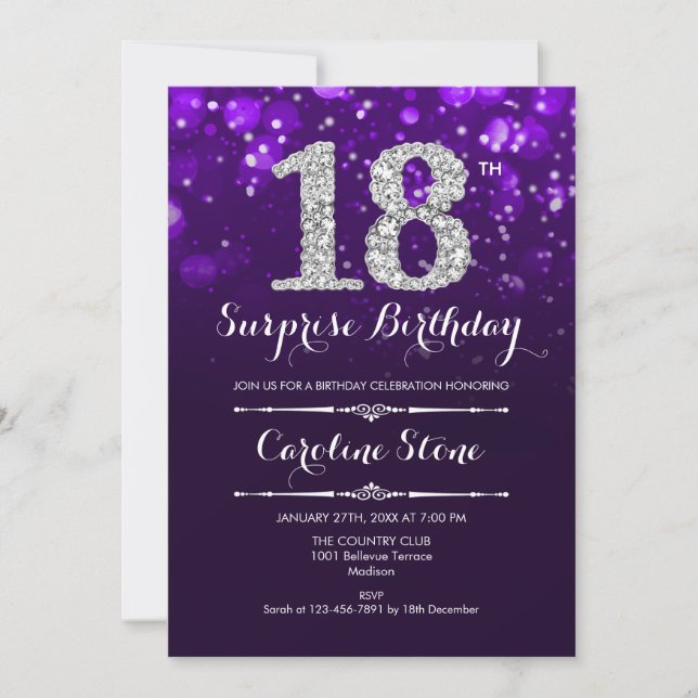Surprise 18th Birthday - Purple Silver Invitation (Front)