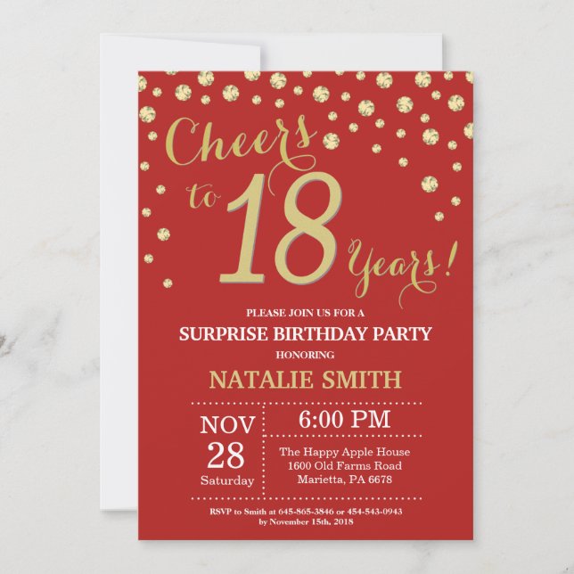 Surprise 18th Birthday Red and Gold Diamond Invitation (Front)