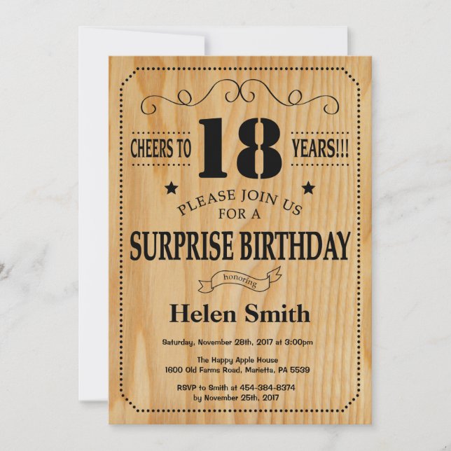 Surprise 18th Birthday Rustic Wood Invitation (Front)
