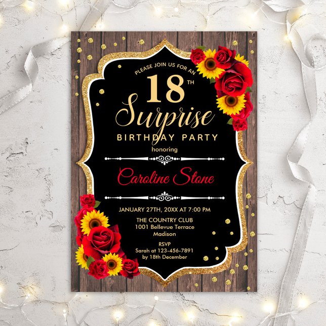 Surprise 18th Birthday - Rustic Wood Sunflowers Invitation (Creator Uploaded)