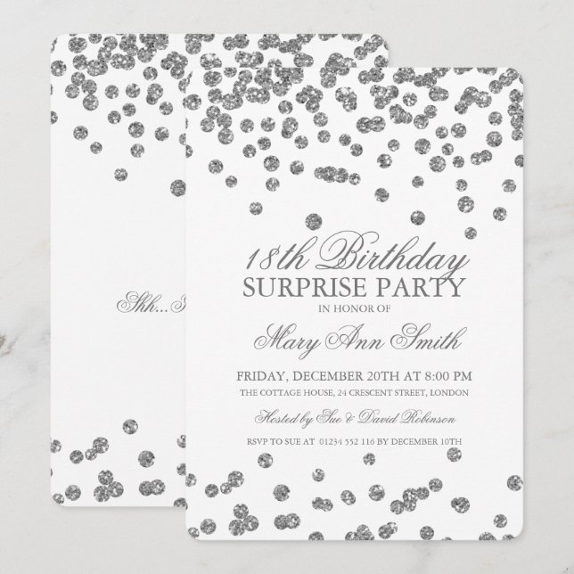 Surprise 18th Birthday Silver Glitter Confetti Invitation (Front/Back)