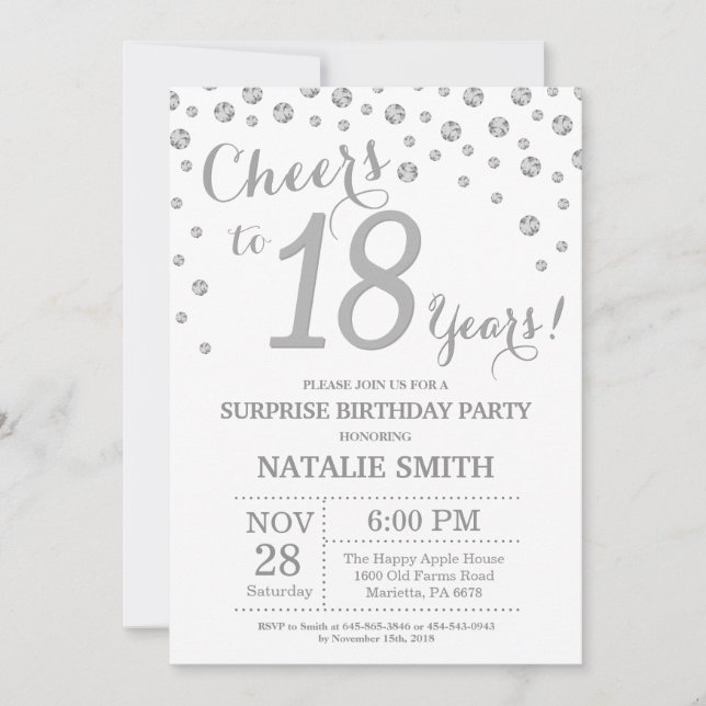 Surprise 18th Birthday Silver Glitter Diamond Invitation (Front)