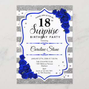 Surprise 18th Birthday - Silver White Royal Blue Invitation