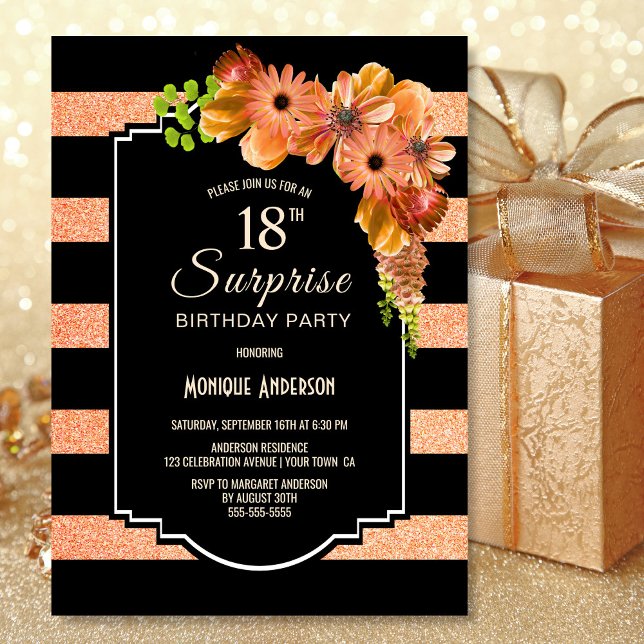 Surprise 18th Birthday Striped Orange Floral Invitation (Creator Uploaded)