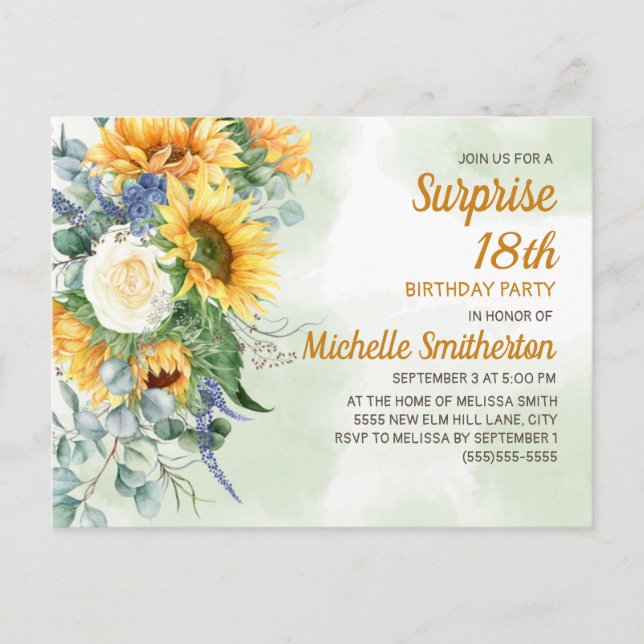 Surprise 18th Birthday Sunflowers Eucalyptus Postcard (Front)
