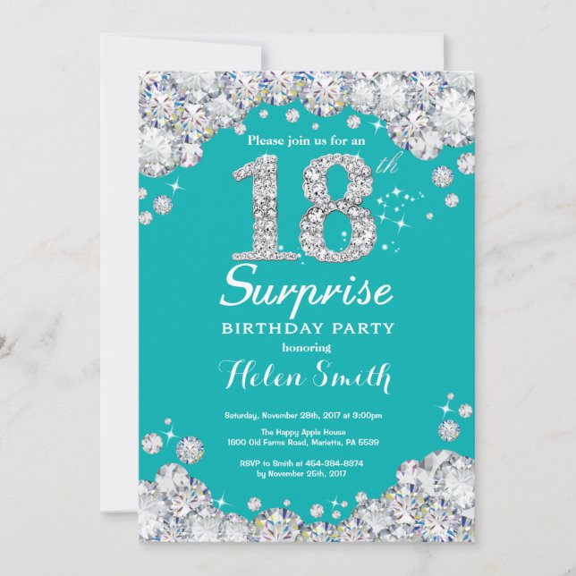 Surprise 18th Birthday Teal and Silver Diamond Invitation (Front)