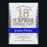 Surprise 18th Birthday - White Gold Royal Blue Invitation<br><div class="desc">Surprise 18th Birthday Party Invitation.
Elegant design in faux glitter gold,  white and royal blue.</div>