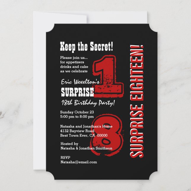 SURPRISE 18th Modern Birthday Red Black White A01 Invitation (Front)