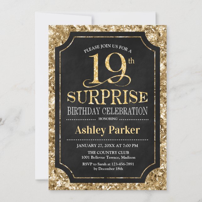 Surprise 19th Birthday Party - Gold Black Invitation (Front)