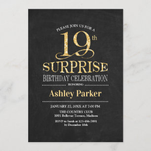 Surprise 19th Birthday Party - Gold Black Invitation