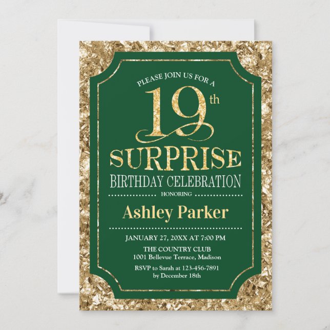 Surprise 19th Birthday Party - Gold Green Invitation (Front)