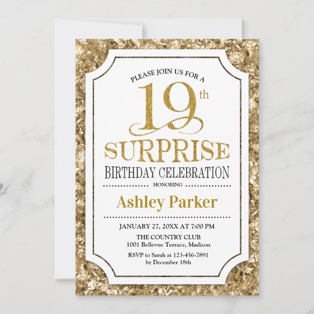Surprise 19th Birthday Party - Gold White Invitation (Front)