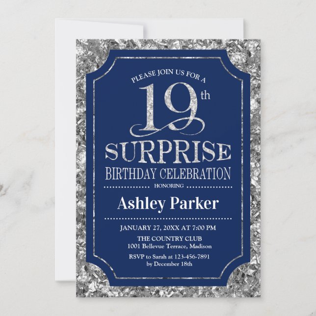 Surprise 19th Birthday Party - Silver Navy Blue Invitation (Front)