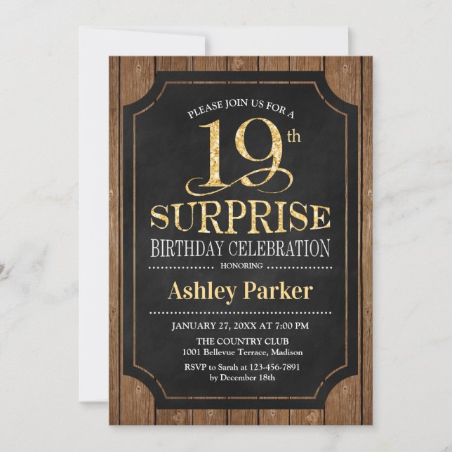 Surprise 19th Birthday Party - Wood Gold Invitation (Front)